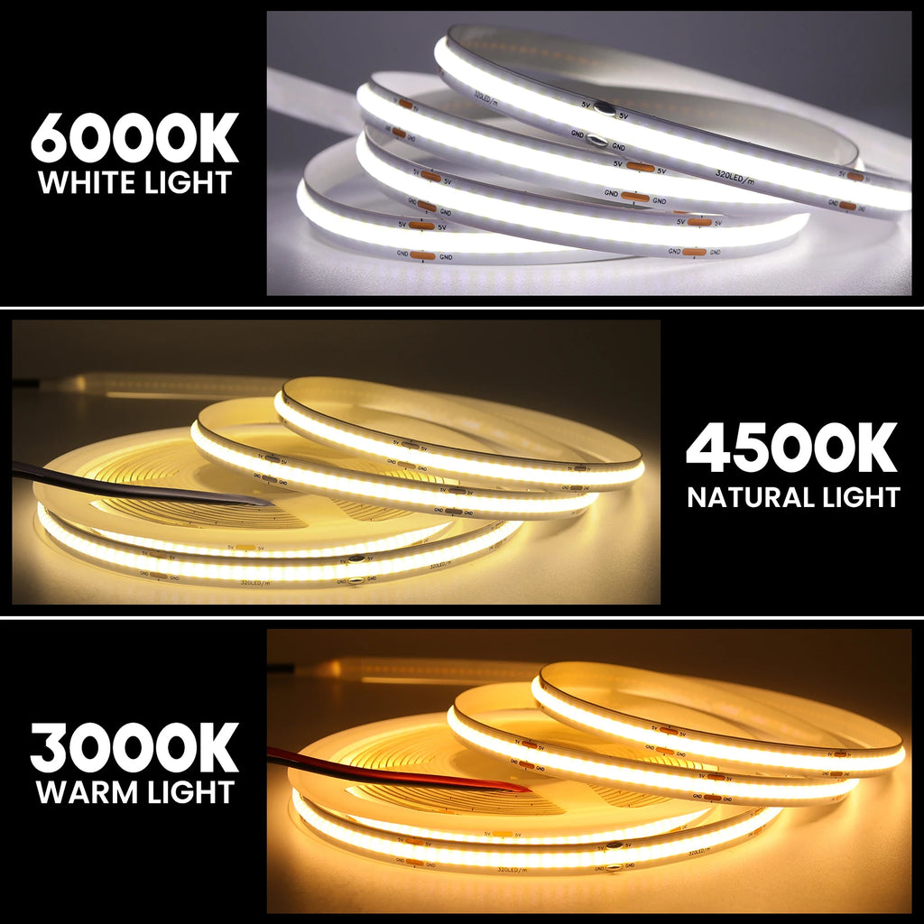 AA Battery Box 5V COB LED Strip 3MM 5MM 8MM 320LEDs/M High Density Flexible RA90 3000K 4000K 6000K FOB Tape Rope Night Lights