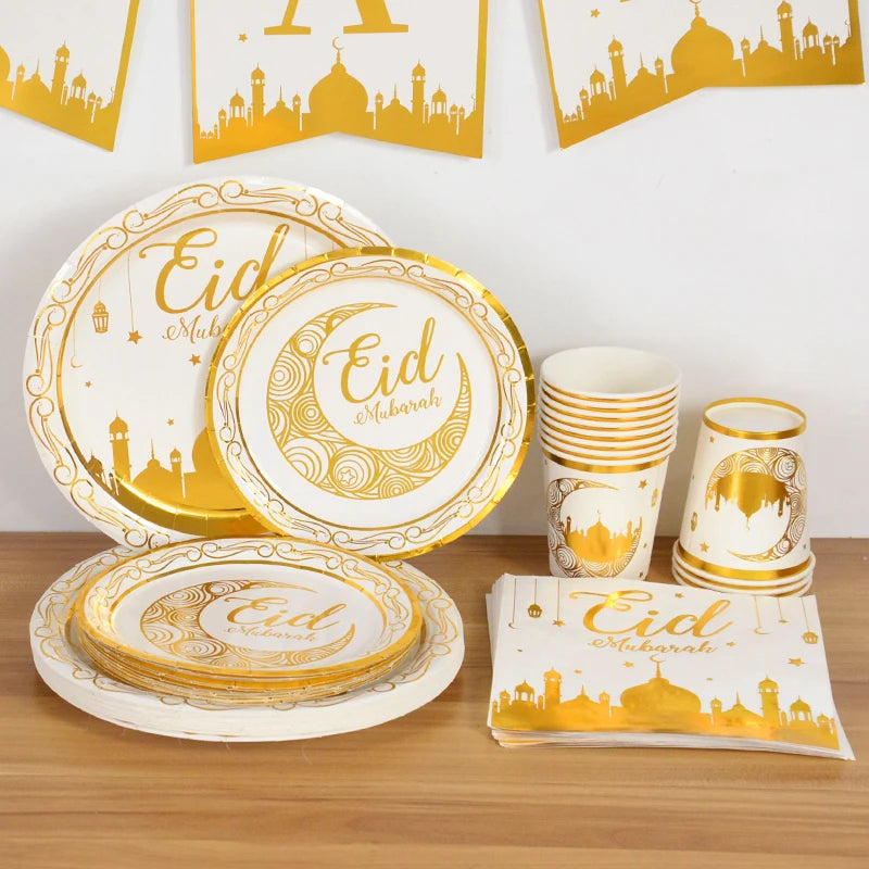 Eid Mubarak Party Tableware Set Gold Disposable Plate Cup Napkins Banner 2026 Islamic Muslim Supplies Ramadan Kareem Decorations
