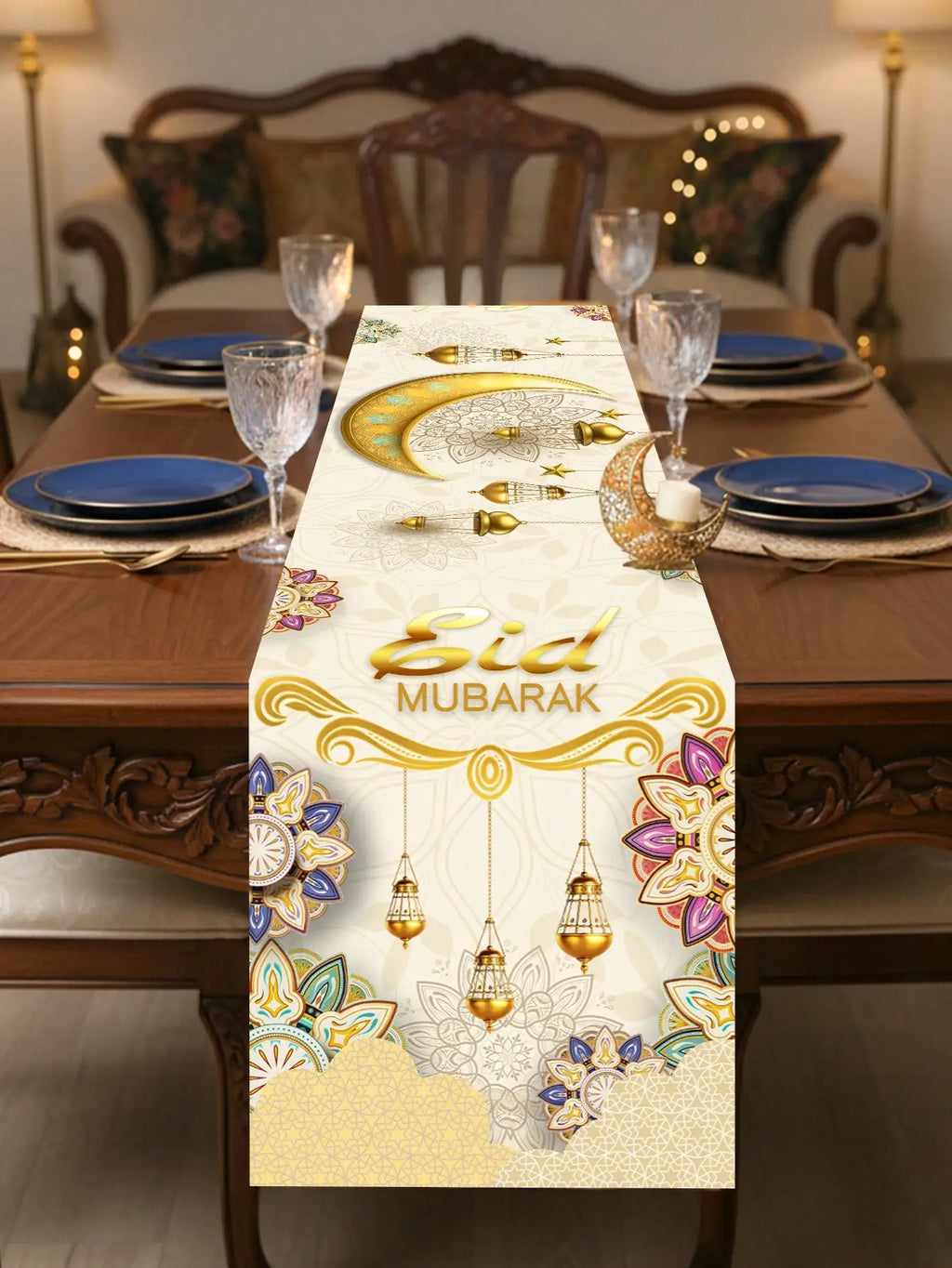 1Pc Eid Mubarak Decorative Table Runner, Gold Painted Star and Moon Table Runner, Muslim Holiday Party Table Runner, Long Tablecloth