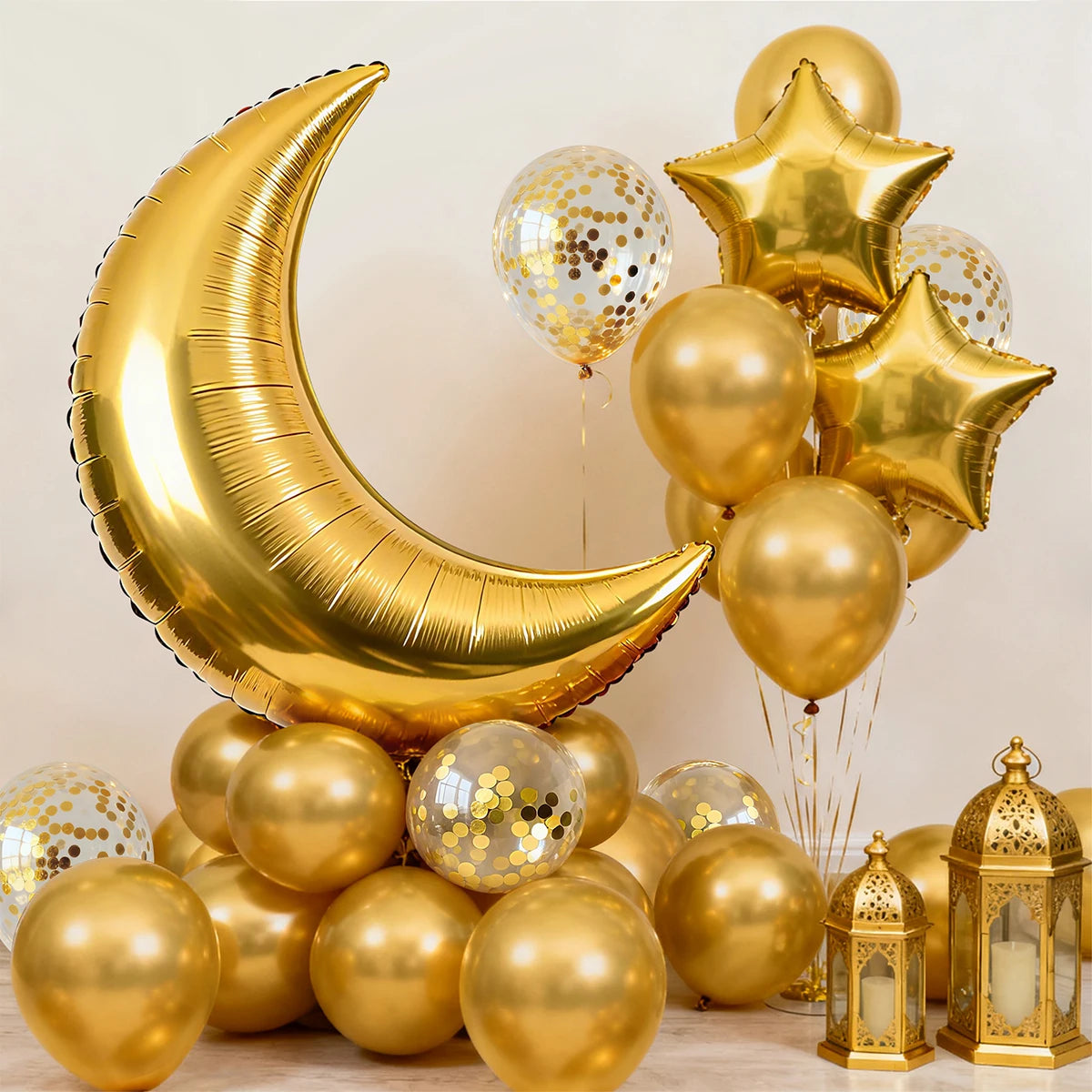 Ramadan Eid Moon Stars Aluminum Foil Latex Balloon Bouquet Party Background Wall Decoration Set
