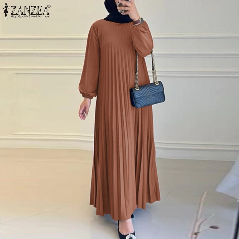 2025 ZANZEA Islamic Hijab Women Abaya Robe – Elegant O-Neck A-Line Dress