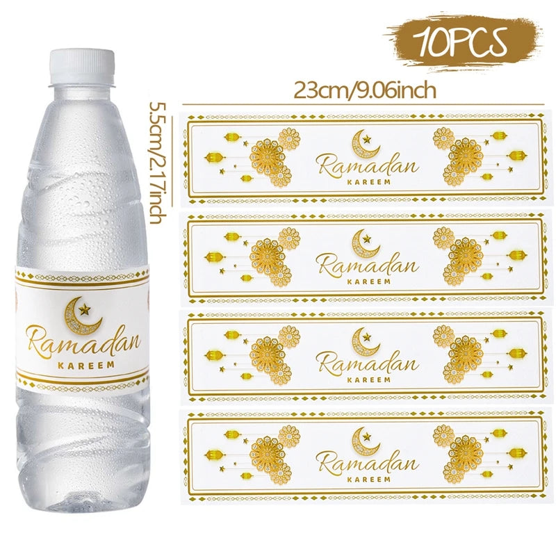 10Pcs Eid Mubarak Bottle Labels Wrapper Adhesive Stickers Ramadan Kareem Decor for Home Water Bottle Cover Party Decor