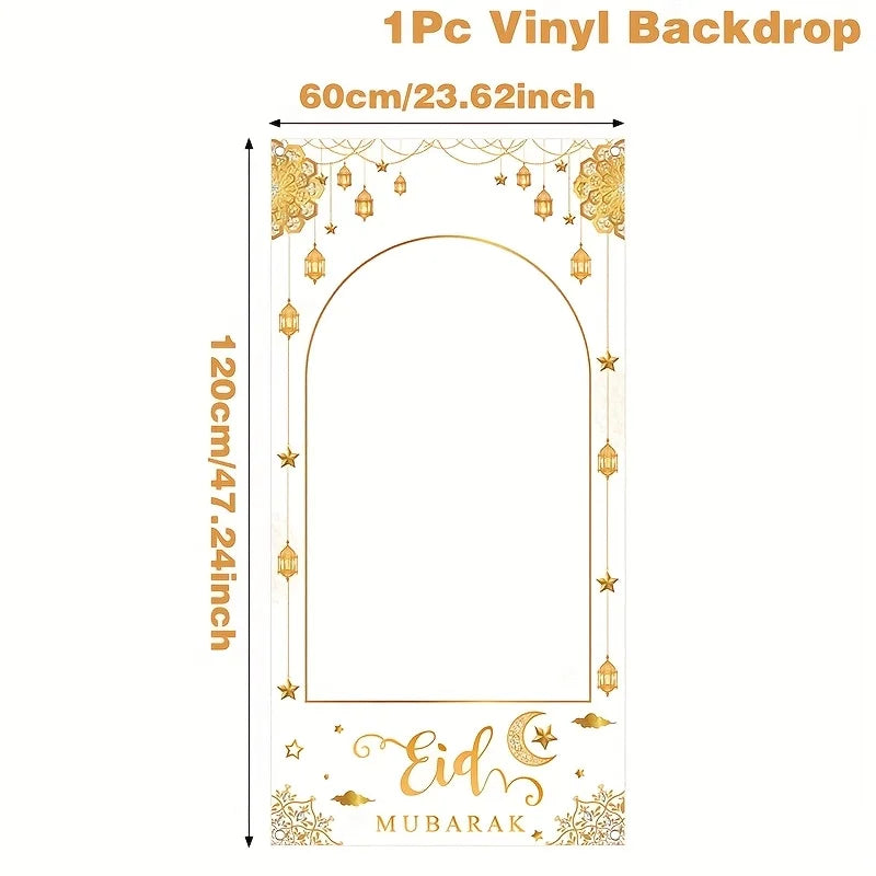 1set Islamic Ramadan Eid Mubarak Photo Booth Backdrop with White Golden Frame Muslim Party Decoration Supplies 2026