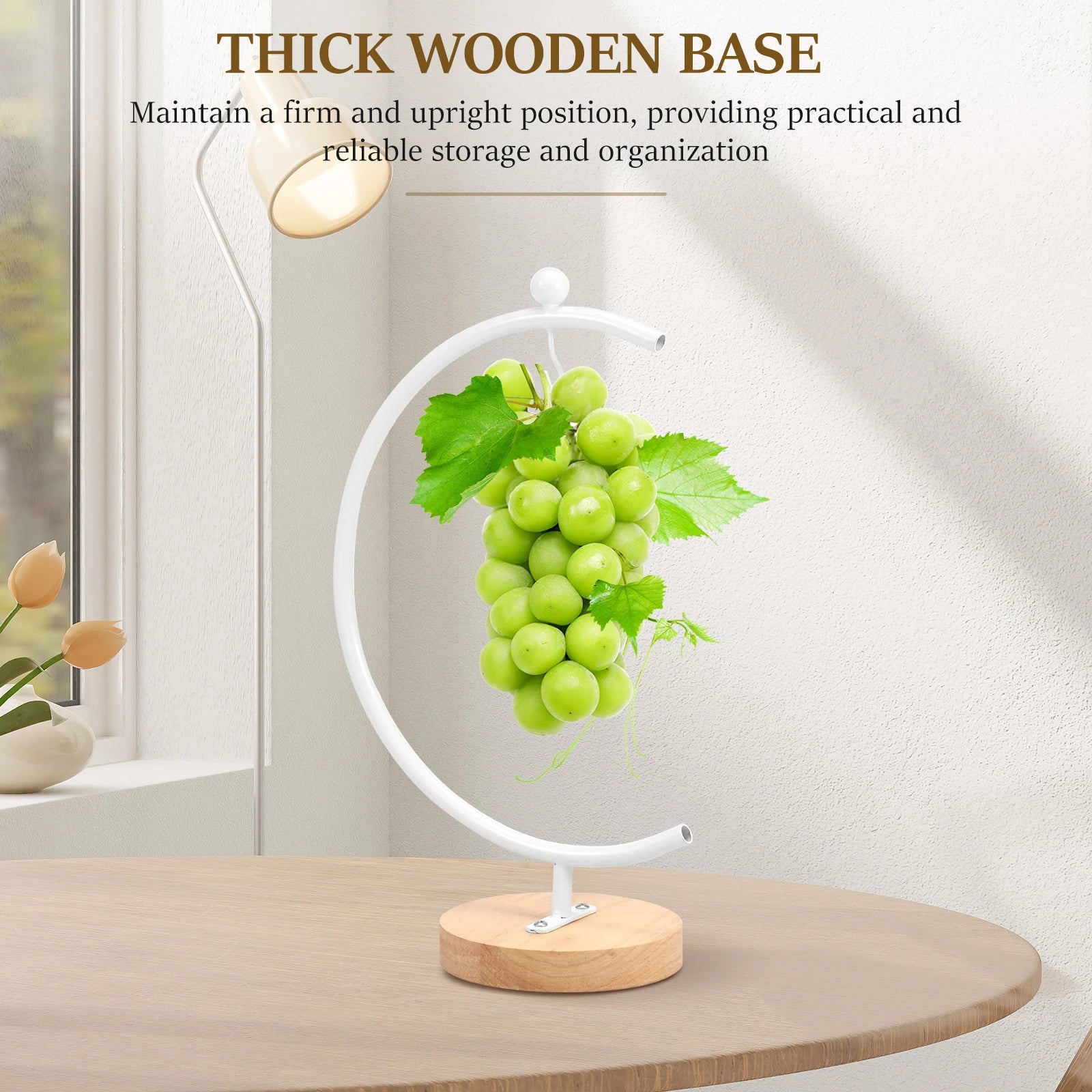 Banana Holder Stand Moon Shape Banana Hanger Rack Metal Fruit Hanger with Wood Base Stable Banana Hanger Stand Decorative