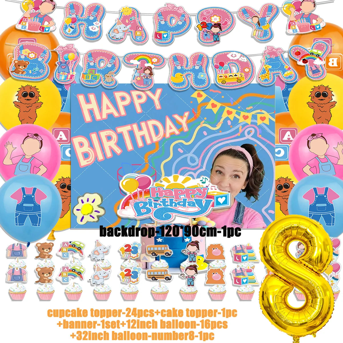 Cartoon English Teacher Theme Child Birthday Party Decor Ms&Racheled Balloon Banner Backdrops Cupcake Toppers for Kids Gifts