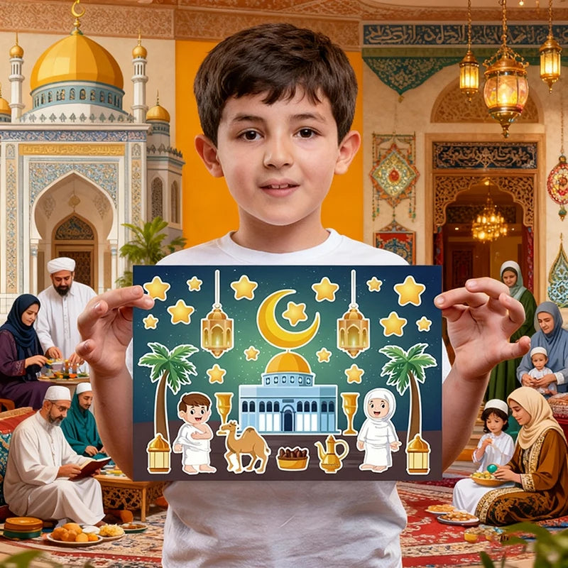 Ramadan DIY Moon Stickers Eid Al-Fitr Festival Stickers with Backdrop Scene DIY Decoration Party Supplies