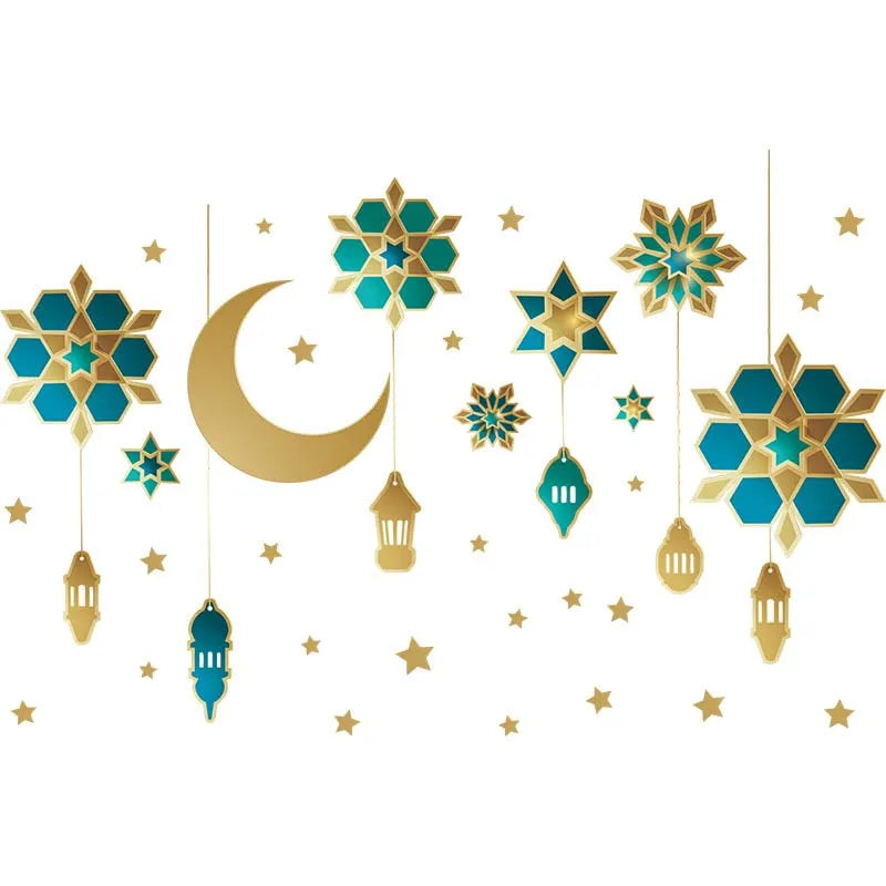 Ramadan Kareem Wall Stickers Moon Star Lantern Wall Decal 2024 Eid Mubarak Decorations for Home Muslim Islamic Party Decorations