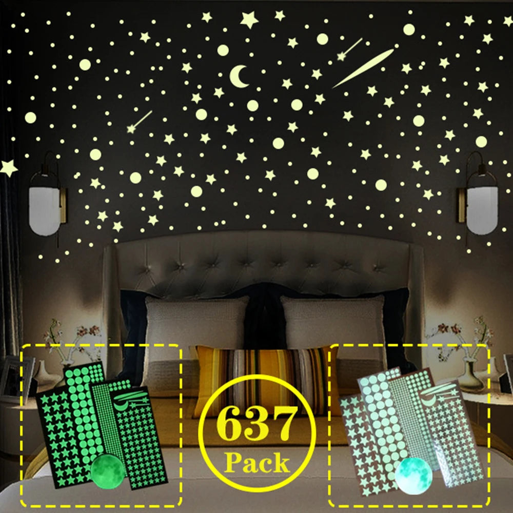 637/849Pc Luminous Moon Stars Wall Stickers PVC Glow in the Dark 3D Home Decoration Wall Decals Set for DIY Kids Bedroom Ceiling