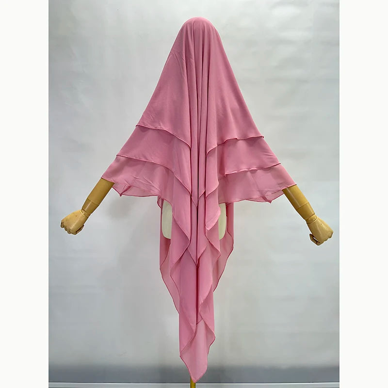 Three Layer Chiffon Khimar With Niqab Strings High Quality EID Ramadan Muslim Women Islamic Clothing Wholesale Prayer Long Hijab