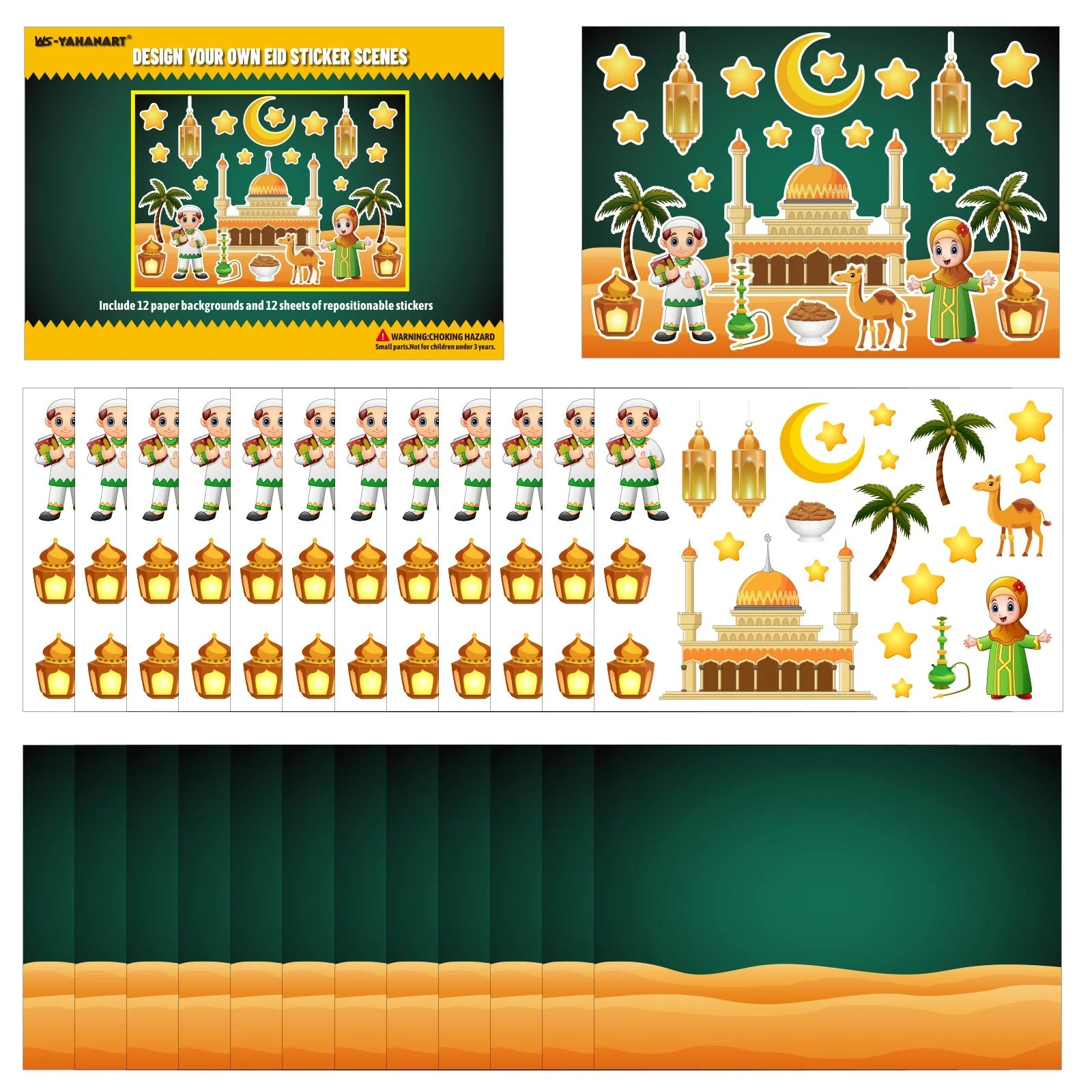 12Sheets Eid Mubarak DIY Stickers Kids Puzzle Game Toys Islam Muslim Party Supplies 2025 Ramadan Home Decoration Wall Sticker