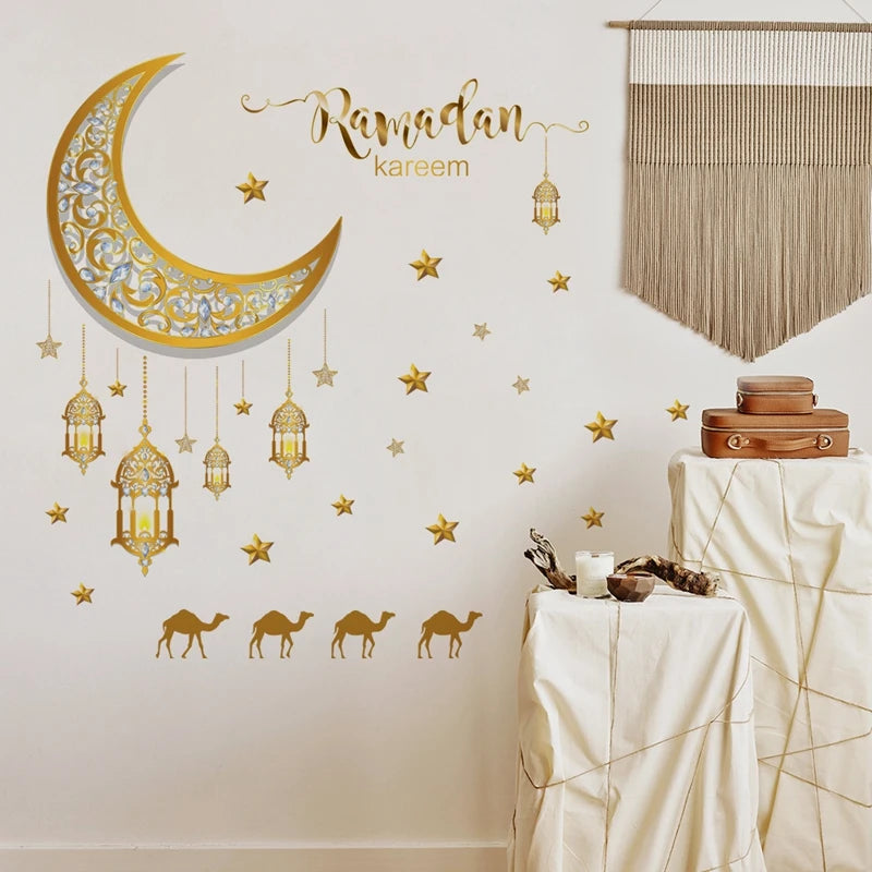 Eid Mubarak Wall Stickers Moon Star Lantern Ramadan Kareem Wall Decals Muslim Islamic Window Sticker Decorations for Home 2024