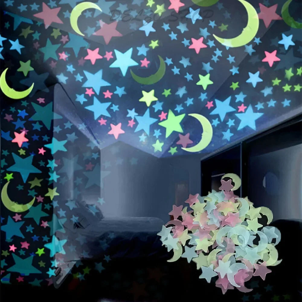 100pcs Stickers Moons Night Art Plastic Removable Bedroom Ceiling Space DIY Star Decal Stars Decor Fluorescent