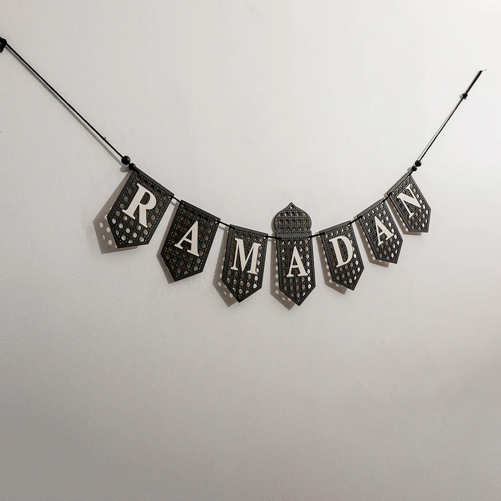 Ramadan Mubarak Banner Hollow Lantern Hanging Garland for Islamic Muslim Eid Festival Home Party Ornament Wall Decor Supplies