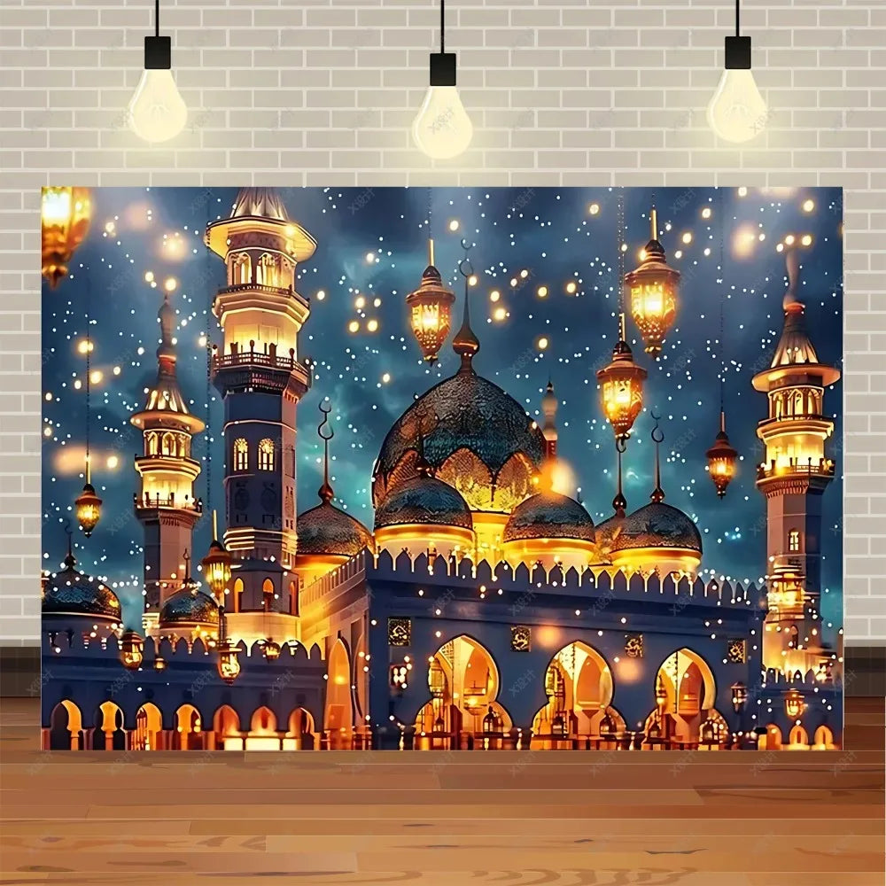 Ramadan Mubarak banner background, celebrating Eid al Fitr Islamic Muslim evening party decoration banner shooting background