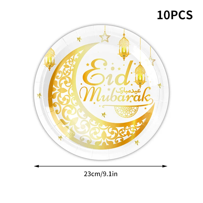 Eid Mubarak Party Tableware Set Disposable Plates Napkins Banner Tablecloth Ramadan Decorations Islamic Muslim Party Supplies