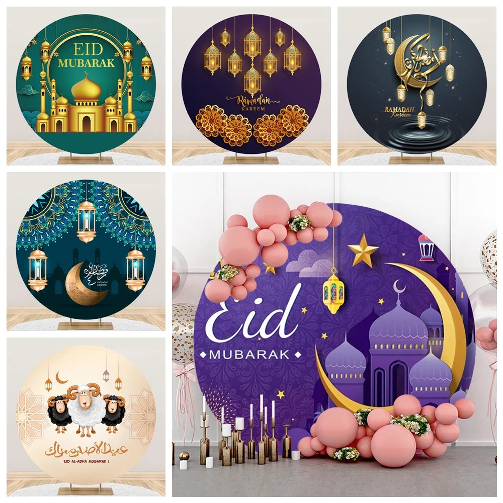 Eid al Fitr Mubarak Round Backdrop Cover Arab Ramadan Karim Golden Moon Star Cloud Lantern Party Decor Banner Photo Stall Props