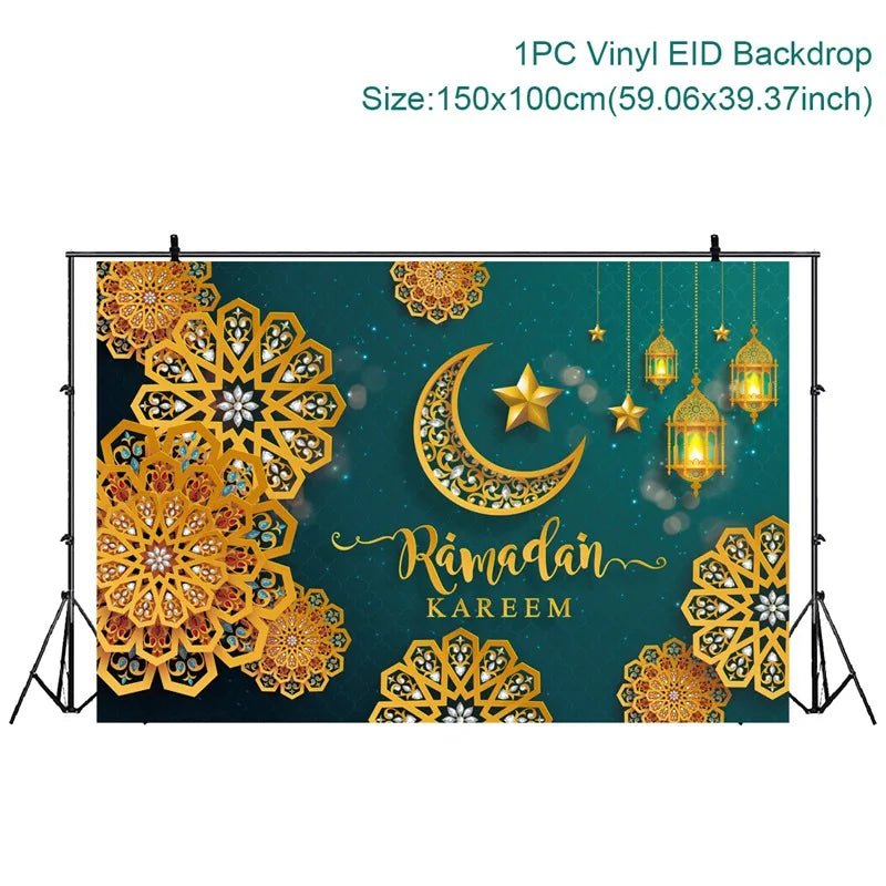 Ramadan Kareem Backdrop Photo Booth Background With Moon Star Castle Pattern Eid Mubarak Background for Backyard Al-fitr Gift