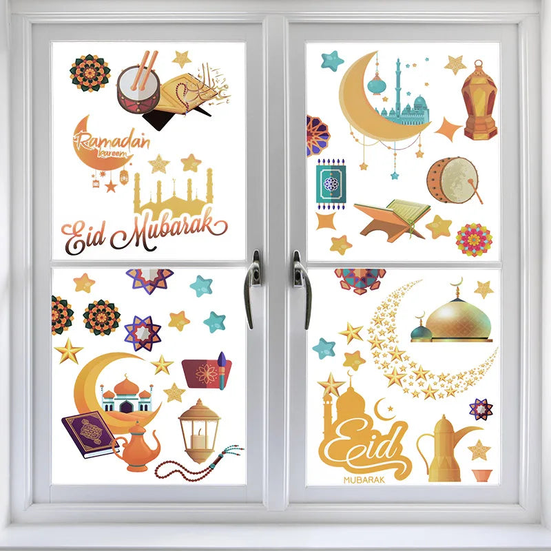 Eid Mubarak Ramadan Decorative Stickers 9pcs Islamic Patterns Self-Adhesive For Wall Window Gift Packaging Party Decor Supplies