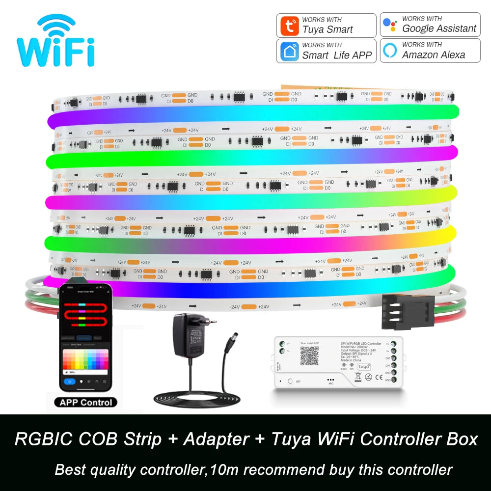 1-10M Addressable COB LED Strip Light 12V 24V WS2811 Full Dream Color Tape RGBIC LED Ribbon Pixel SPI Strip Colorful Room Decor