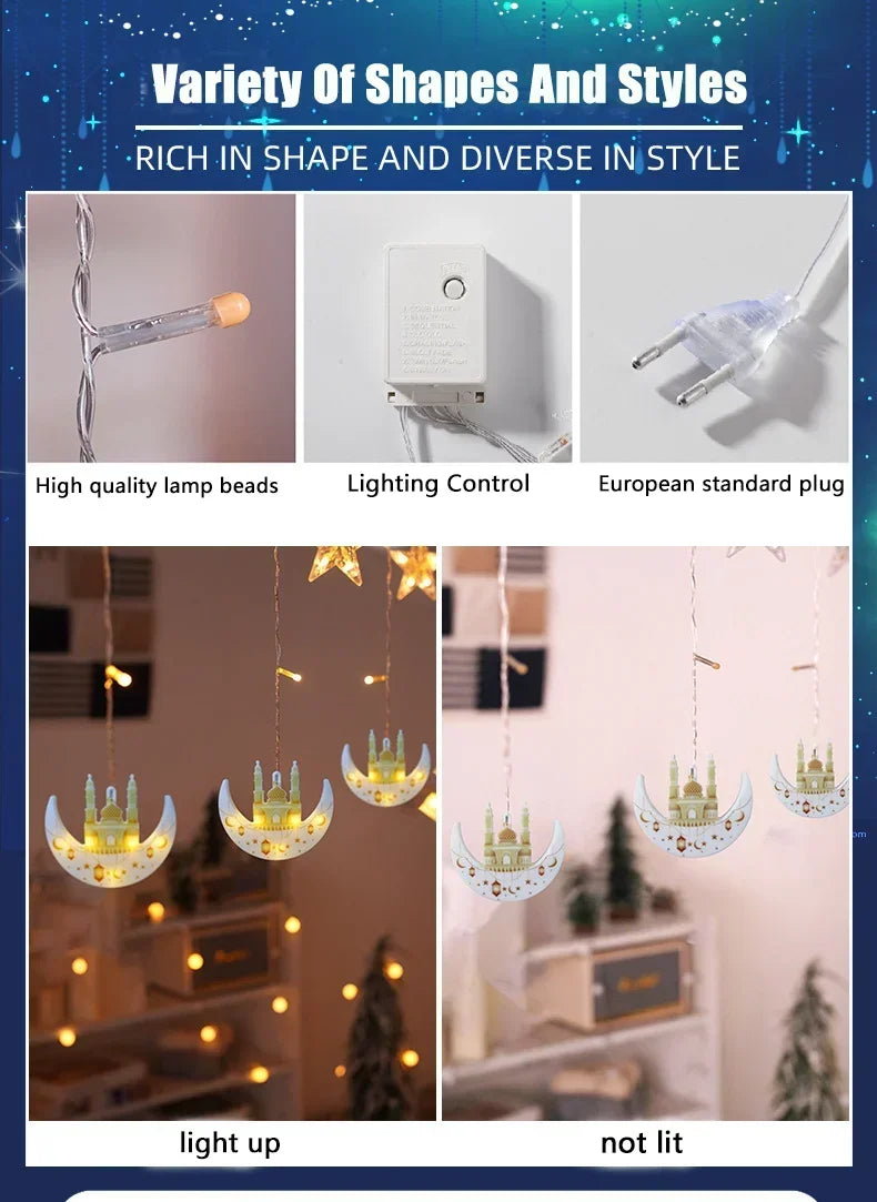 Moon and Star LED Curtain Lights  USB Powered Fairy Lights with 8 Modes and Timer Ramadan Bedroom and Party Decoration