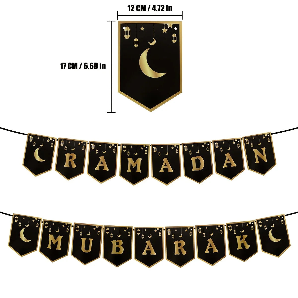 1pc Ramadan Mubarak Banner with Crescent Moon and Stars Paper Garland Decor for Ramadan, Eid Al-Fitr, Universal Celebrations