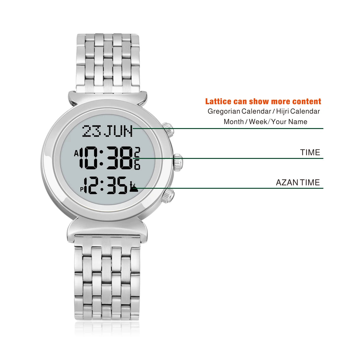 AL-FATIHA/AL SALAH Alloy Azan Watch Muslim Wristwatch With Backlight Hijri Calendar English Arabic Islamic