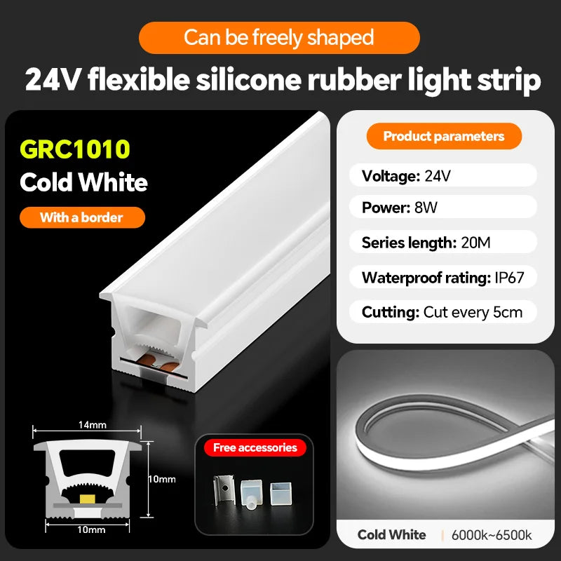 LED silicone light strip, linear light strip, embedded, 24V, waterproof, flexible, curved shape light