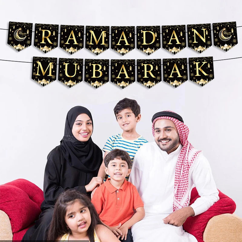 Ramadan Tableware Decorations Moon Star Party Supplies Hanging Cloth Eid Mubarak Banner Eid Plates Cups Tableware Decorations
