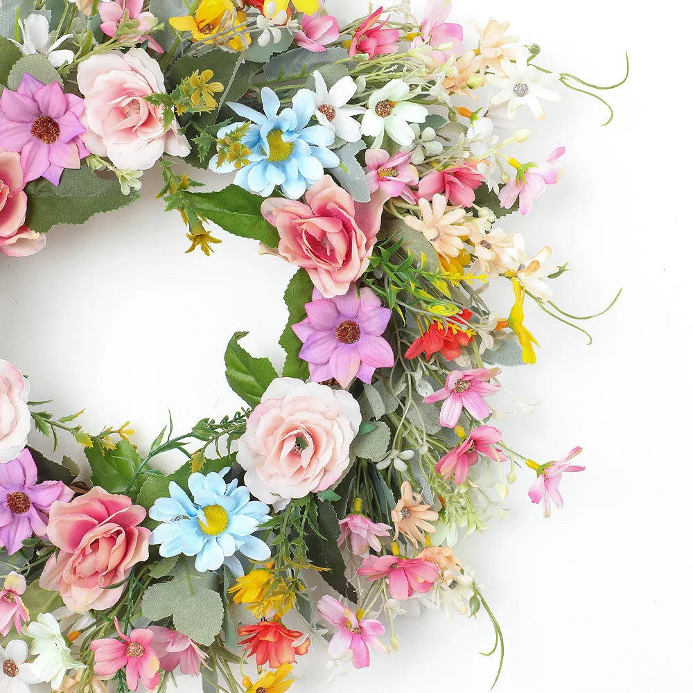 YeeNanee Vibrant Wild Flowers Spring Wreaths for Front Door Artificial Daisy Tulip Lambs Ear Summer Wreath Home Wall Decoration