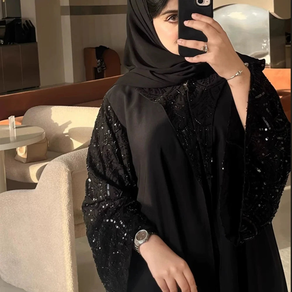 2025 Ramadan Black Beaded Abaya with Hijab – Luxury Dubai Muslim Dress