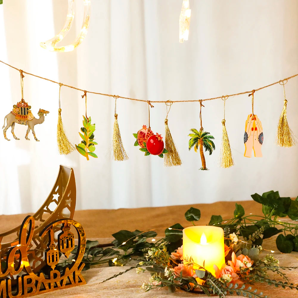 Ramadan Kareem Hanging Garland Islamic Camel Pomegranate Palm Moon Star Decor for Muslim Festival Home Party Wall Ornament Gifts