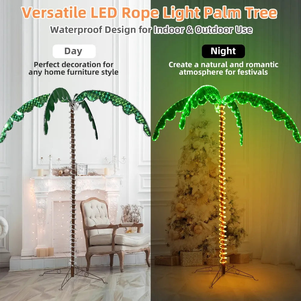 2PCS 5 FT & 7 FT Tropical LED Rope Light Palm Trees Artificial Yard Decor