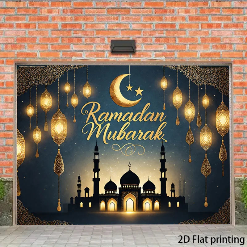 1pc2DflatRamadan Mubarak Moon and Stars Banner ，With gold lanterns，New Moon and Star Design，No Power Supply Required
