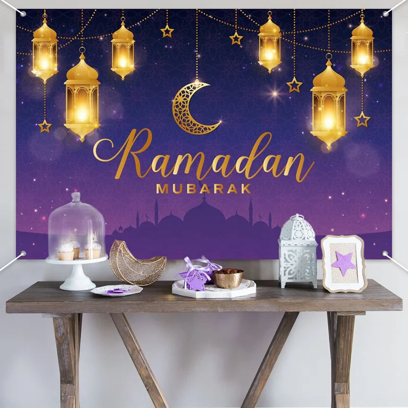 Ramadan Kareem Backdrop Photo Booth Background With Moon Star Castle Pattern Eid Mubarak Background for Backyard Al-fitr Gift