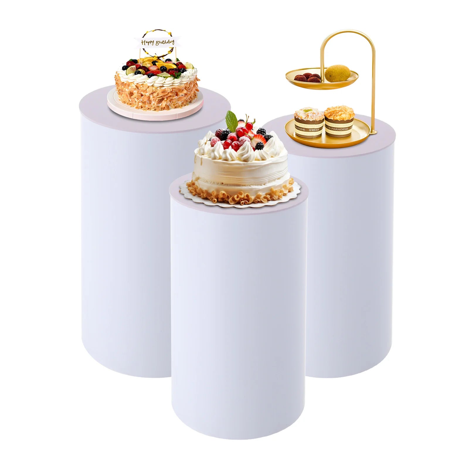 3Pcs White Wedding Round Cylinder Stand,Acrylic & PVC, Modern Decor for Weddings, Events, Birthday Parties,Holds Cakes & Flowers