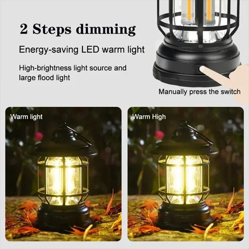 2Pack Camping Lantern USB Rechargeable Battery Powered Retro Camping Light Waterproof Hanging LED Tent Lamp for Hiking Fishing