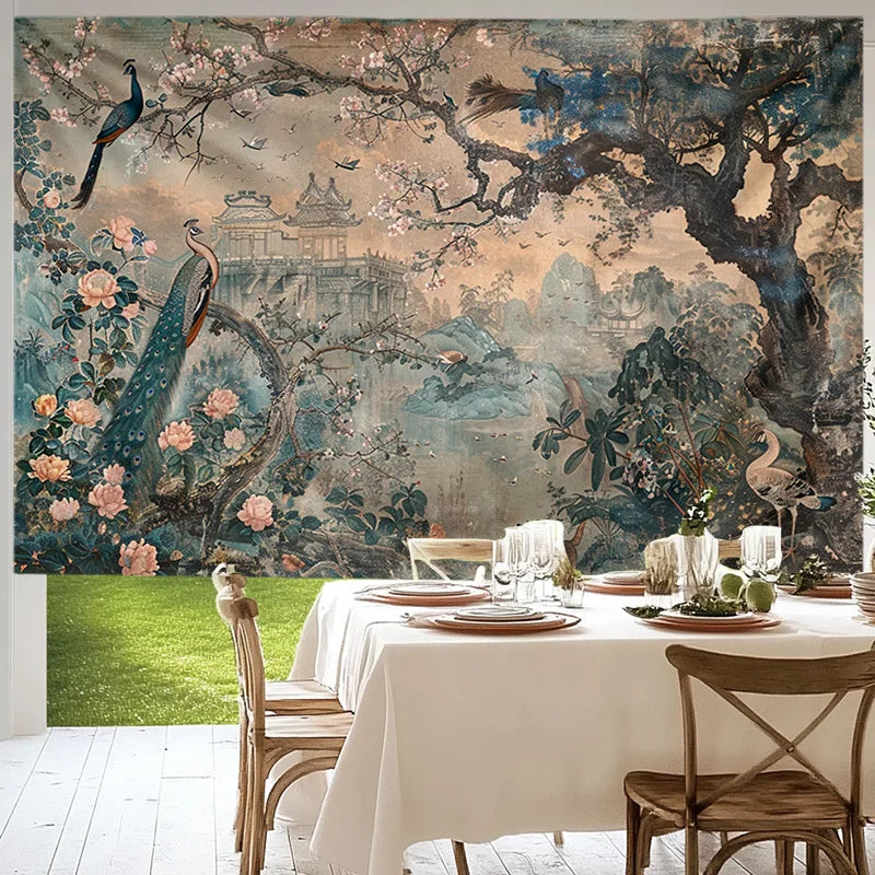 1pc Peacock Garden Tapestry, Art Flower Wall Hanging Art Deco Style Tapestry for Bedroom Living Room Decor 100x230cm