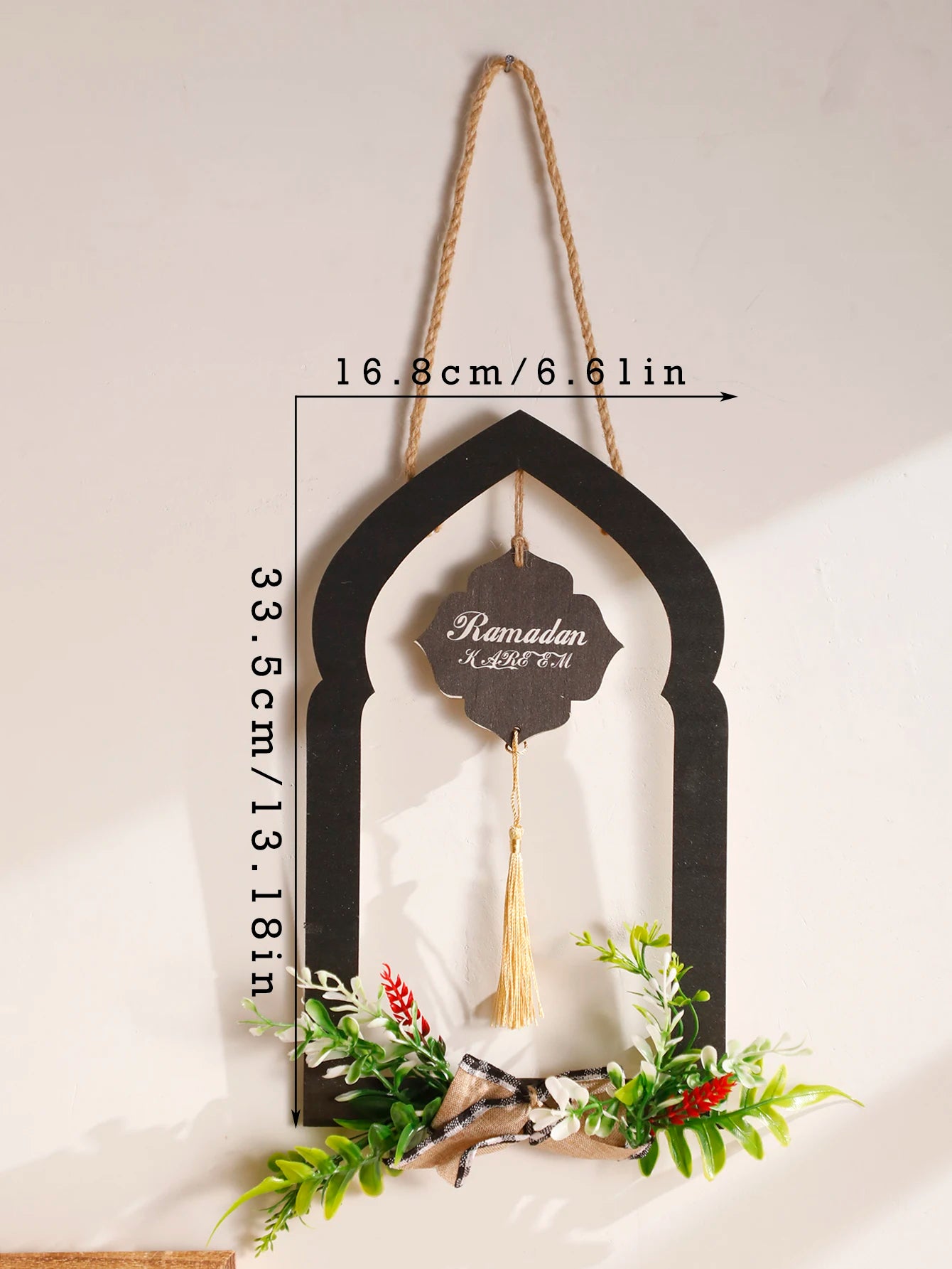Ramadan Wooden Wall Hanging Decor Islamic Arch Design with Floral & Tassel Festive Home & Wall Decoration for Ramadan & Eid Gift