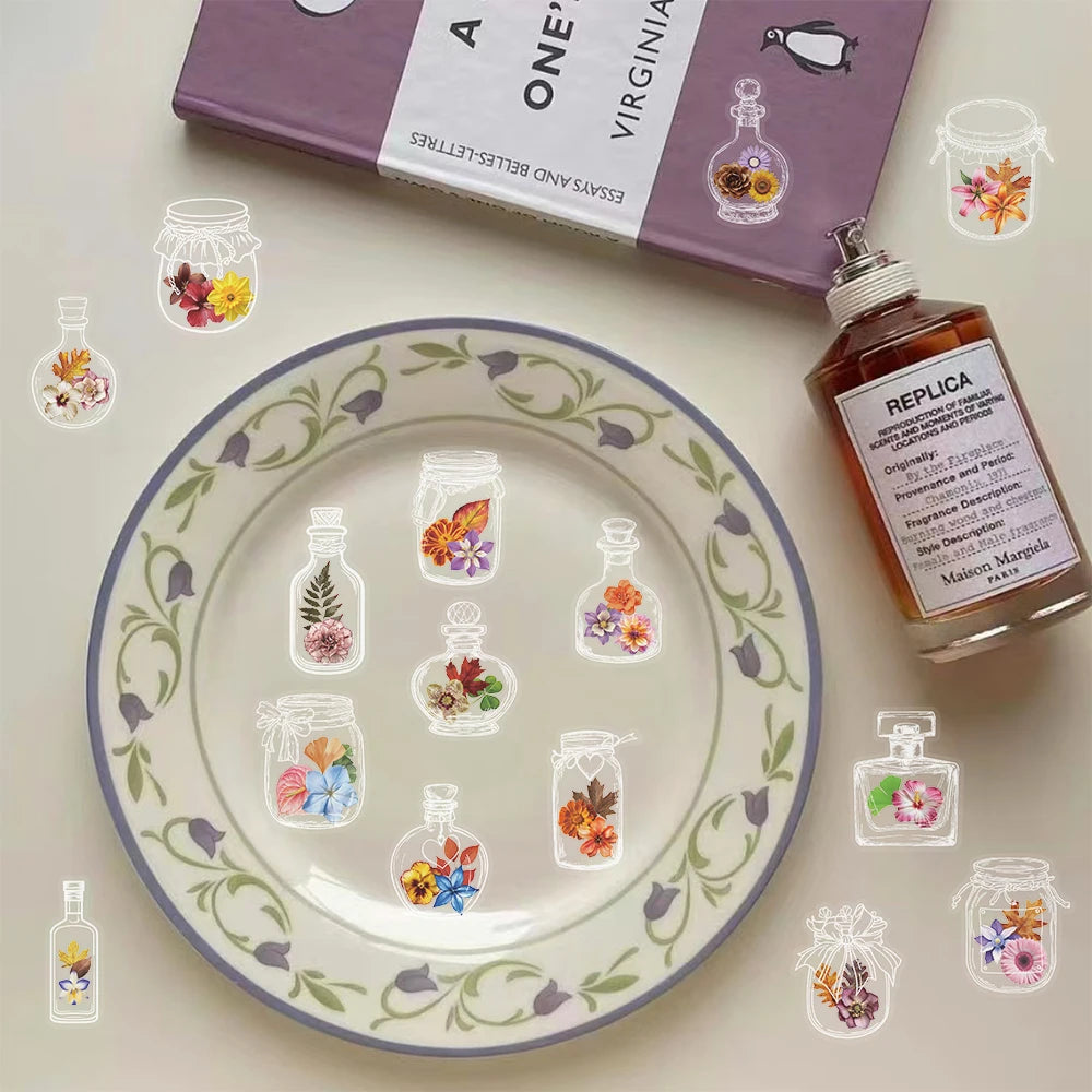 50/100PCS Glass Bottles with Dried Flower PET Sticker Waterproof Oil proof Transparent Romantic Art Colorful Flower Gift