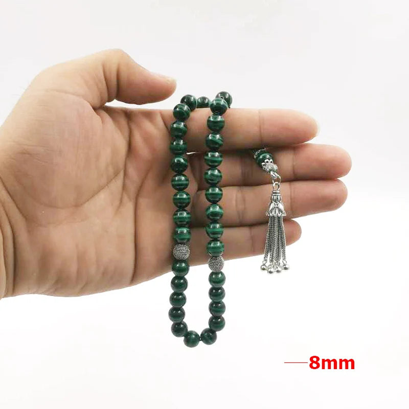 Luxurious Tasbih 100% Natural Green Malachite Grade AAAAA with 925 Sterling Slivers Teaasel islamic rosary Muslim Eid adha gift