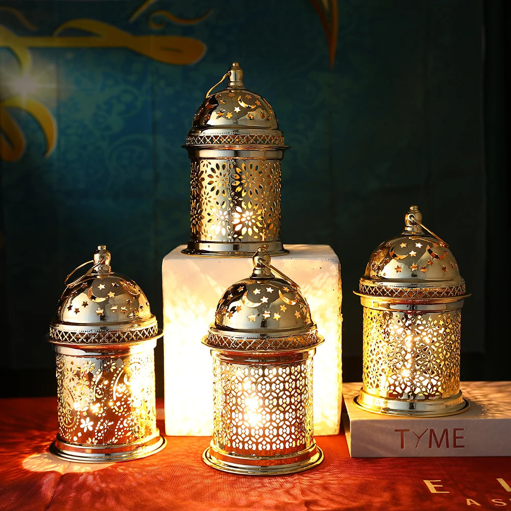 Gold Metal Lantern Lights Fancy Dome Ramadan Decoration Lamp With Music Eid Mubarak Home Decors Islamic Muslim Gifts Eid al-Fitr