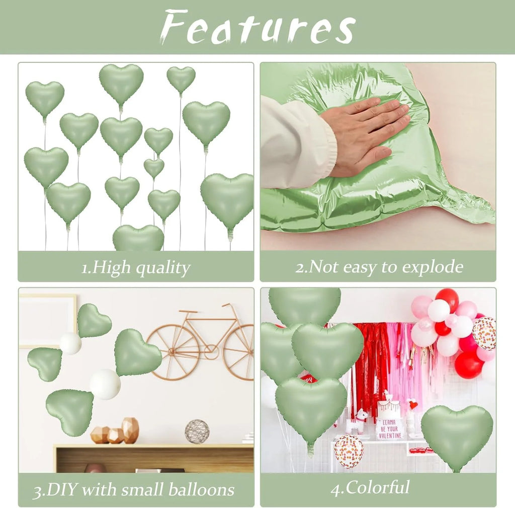 10pcs 18inch Heart Foil Balloons Pink Sage Green Heart Balloon for Birthday Party Valentines Day Wedding Anniversary Decorations