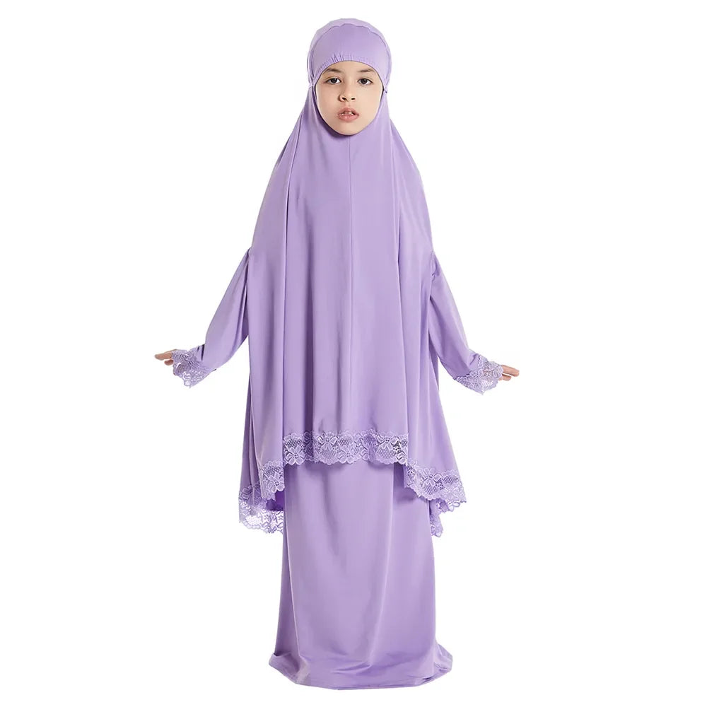 Muslim Kids Girls Hijab Dress Ramadan Khimar Skirt Set Overhead Eid Prayer Garment Burqa Abaya Robe Kaftan Hooded Gown