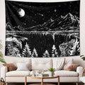 1pc Black and white abstract landscape tapestry, starry night mountain tapestry, bedroom aesthetic moon and star tapestry