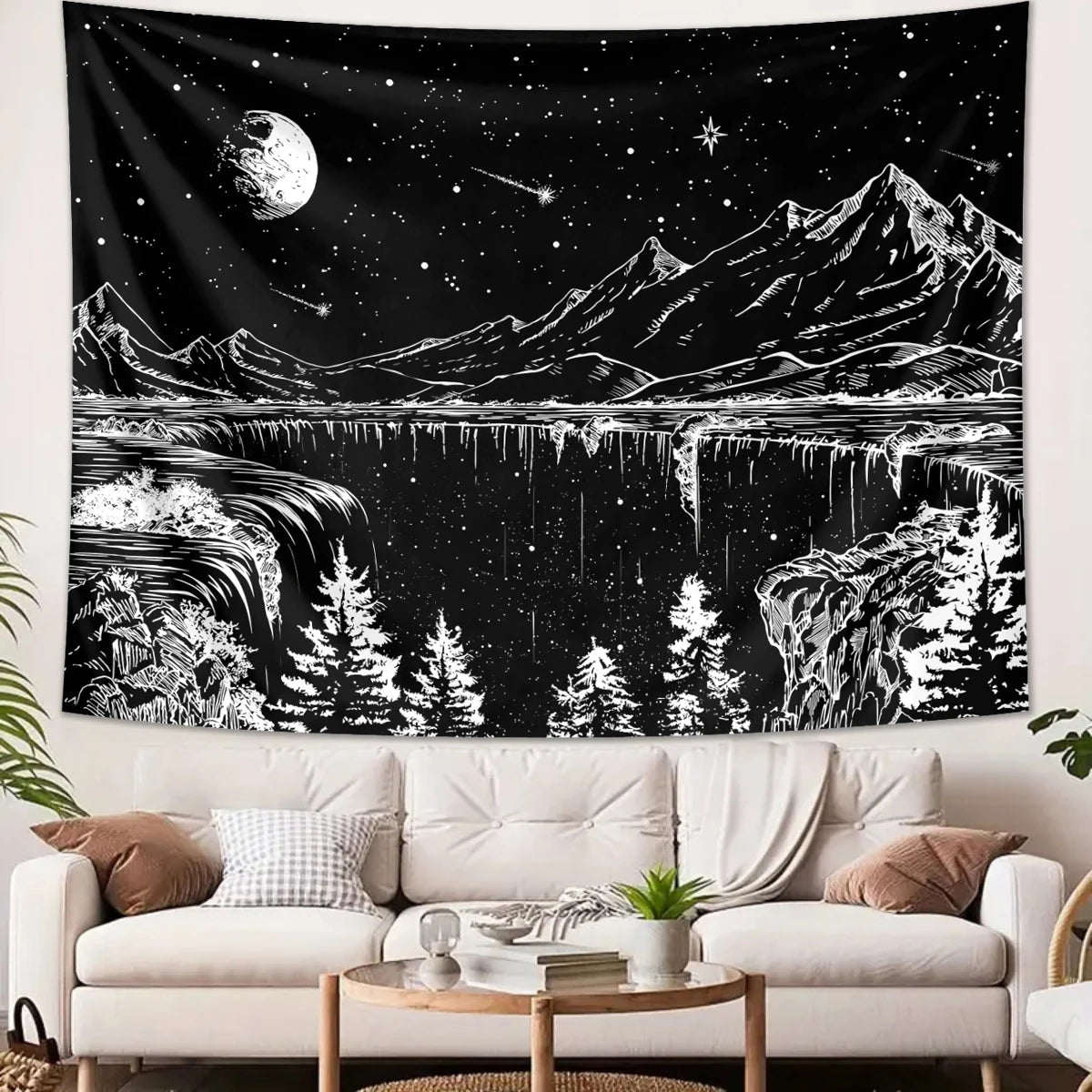 1pc Black and white abstract landscape tapestry, starry night mountain tapestry, bedroom aesthetic moon and star tapestry