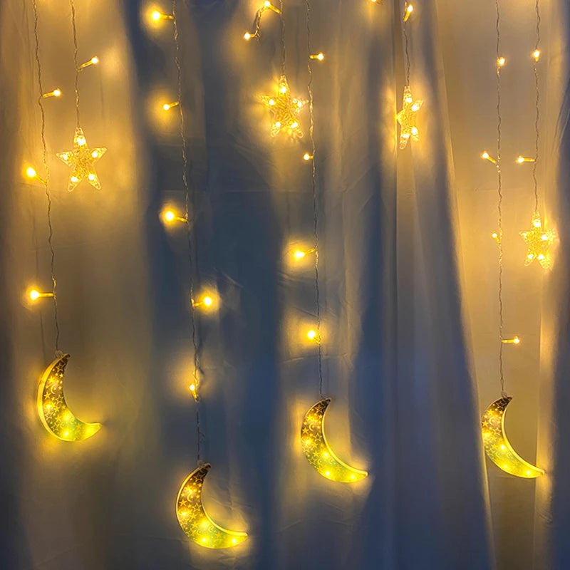 2026 Eid Al-Fitr Mubarak LED String Lights Moon Stars Curtain String Lights Islamic Ramadan Kareem Decoration for Home Garden