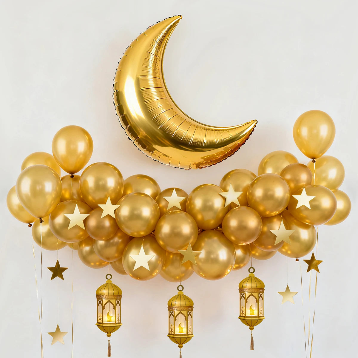 Ramadan Eid Moon Stars Aluminum Foil Latex Balloon Bouquet Party Background Wall Decoration Set