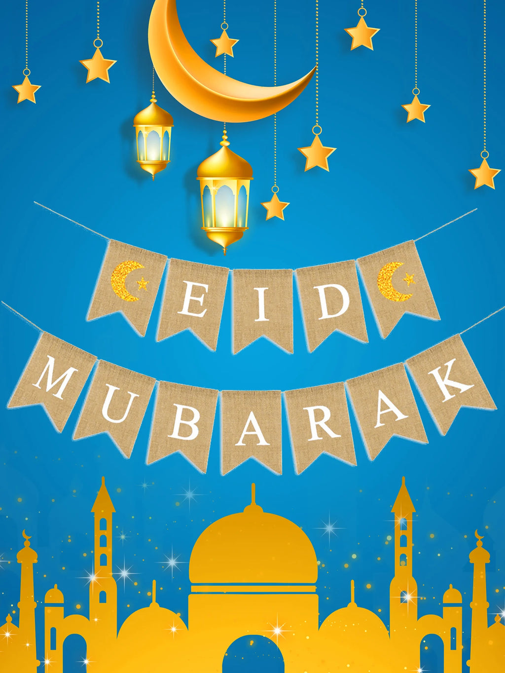 1set linen Eid Mubarak Banner Ramadan Kareem Banners Eid al-Fitr Decorations Star Moon Eid Mubarak Decorations Banners