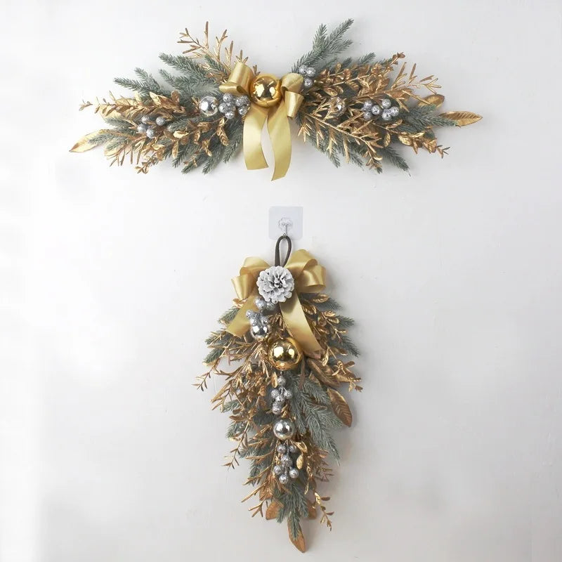 Christmas Wreath For Front Door Artificial Golden Flower Garland Pinecone Rattan Set Hanging Outdoor Christmas Decoration 2024