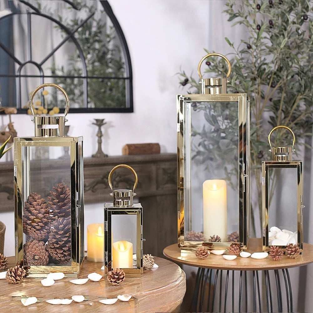 Stainless Steel Lantern Candlestick Eid Mubarak LED Wind Lamp Decor for Ramadan Kareem Aid Eid al-Fitr Home Wind Lantern Decor